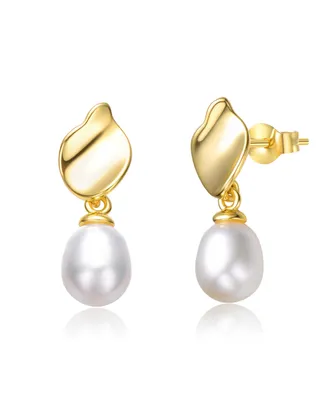 Genevive Sterling Silver 14k Yellow Gold Plated with Oval White Freshwater Pearl Seashell Design Double Dangle Earrings