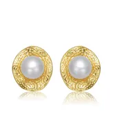 Genevive Sterling Silver 14K Gold Plated with Genuine Freshwater Pearl Hammered Stud Earrings