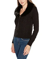 Belldini Women's Black Label Faux Fur Collared Cable Cardigan Sweater