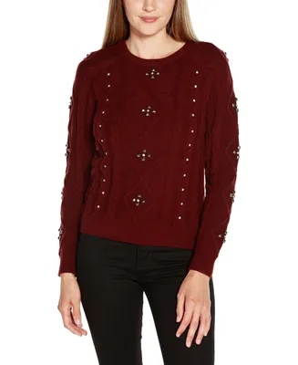 Belldini Black Label Women's Embellished Cable Knit Sweater