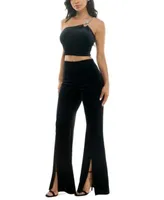 Alex Sophia Juniors Rhinestone Strap Sleeveless Velvet Top Velvet Pull On Front Slit Pants