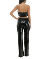 Alex Sophia Juniors Strapless Zip Back Feather Front Top Sequined Trousers