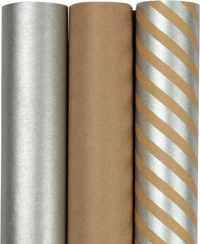 Jam Paper Gift Wrap - Kraft Wrapping Paper - 87.5 Square Foot Total - Kraft  Stripes and Solid Deluxe Set - 3 Rolls Per Pack