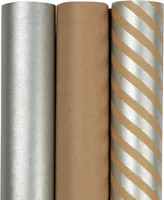 Jam Paper Gift Wrap - Kraft Wrapping Paper - 87.5 Square Foot Total - Kraft Stripes and Solid Deluxe Set - 3 Rolls Per Pack