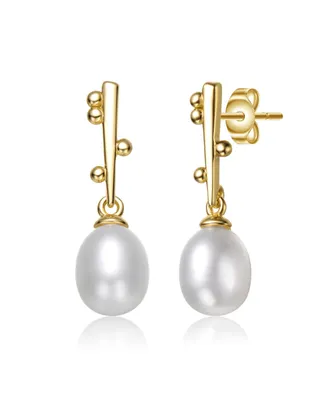 Genevive Sterling Silver 14k Yellow Gold Plated with White Freshwater Pearl Linear Stick Earrings