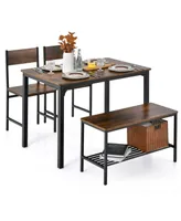 Costway 4pcs Dining Table Set Rustic Desk 2 Chairs & Bench with Storage Rack