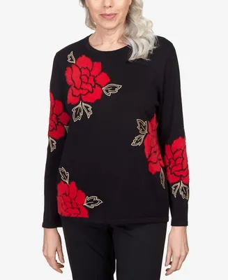 Alfred Dunner Petite Park Place Floral Jacquard Long Sleeve Sweater