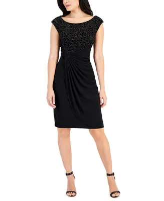 Connected Petite Embellished Draped-Front Sheath Dress