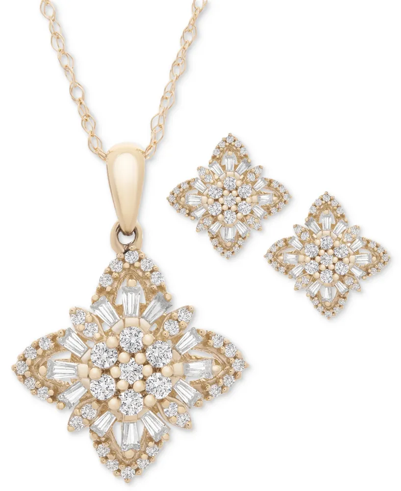 Wrapped in Love Diamond Round & Baguette Flower Pendant Necklace (1/2 ct. tw) in 14k Gold, 18" + 2" extender, Created for Macy's