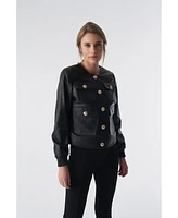 Women's Collarless Stunning Studs Closure Leather Jacket, Black