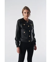 Furniq Uk Women's Collarless Stunning Studs Closure Leather Jacket, Black