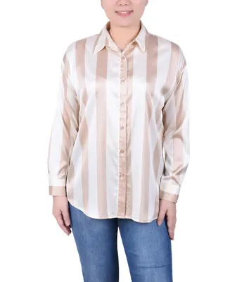 Ny Collection Petite Long Sleeve Striped Satin Blouse