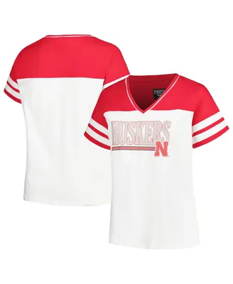 Women's Profile White, Scarlet Nebraska Huskers Plus Size Field Game V-Neck T-shirt