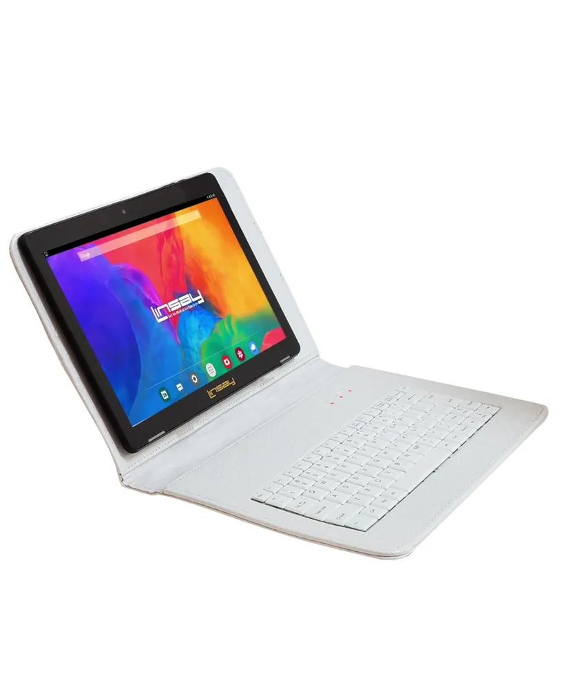 Linsay New 10.1" Tablet Octa Core 128GB Bundle with Exclusive Luxury White Crocodile Style Keyboard Newest Android 13