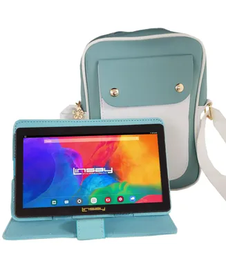 Linsay New 7" Wi-Fi Tablet Fashion Bundle with Lovely Sky Blue Protective Pu Leather Case and Pu leather Handbag 64GB Storage Newest Android 13