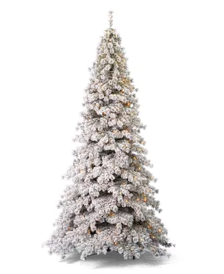 Seasonal Flocked Winter Fir 10' Pre-Lit Flocked Hard Needle Tree with Metal Stand 1471 Tips, 450 Warm Led, Remote, Ez-Connect, Storage Bag
