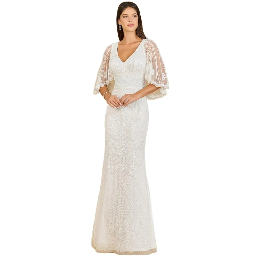 Lara Women's Cape Sleeve V-Neck Beaded Gown