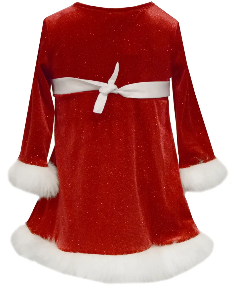 Bonnie Baby Baby Girls Sequin Velvet Santa Dress with Faux Fur Trim