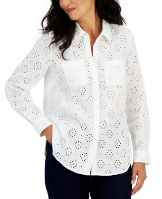 Charter Club Petite 100% Linen Allover-Eyelet Button-Front Top, Created for Macy's