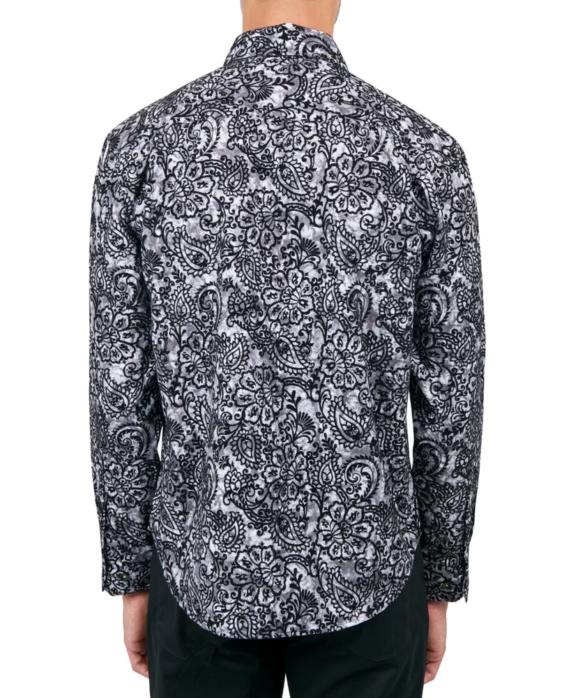 Society of Threads Men's Regular Fit Non-Iron Perfromance Stretch Flocked Paisley Button-Down Shirt