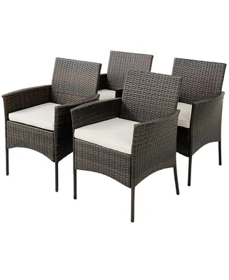 Set of 4 Patio Rattan Dining Chairs Cushioned Seat Curved Armrests