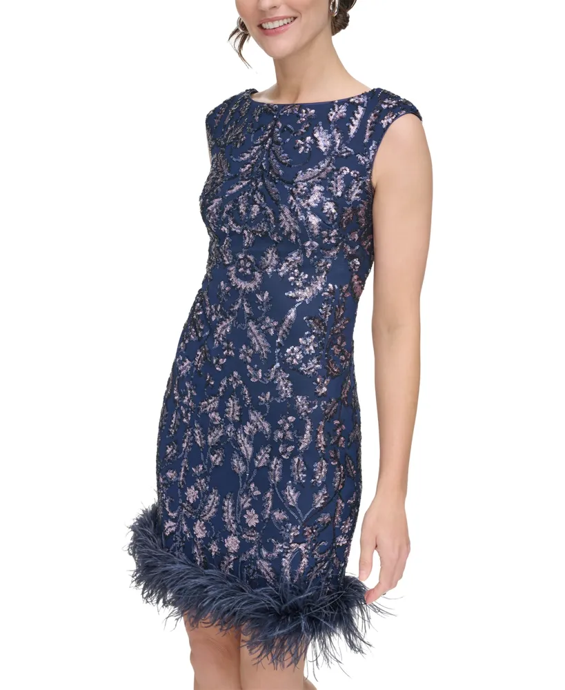 Eliza J Petite Feather-Trim Sequin Sheath Dress