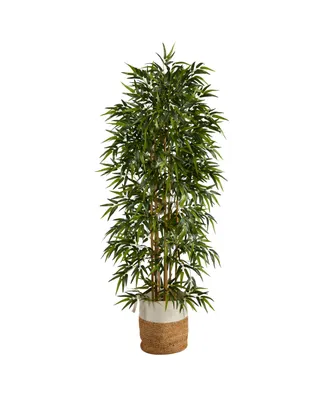 Nearly Natural 72" Artificial Bamboo (Poaceae) Tree with Handmade Jute Cotton Basket