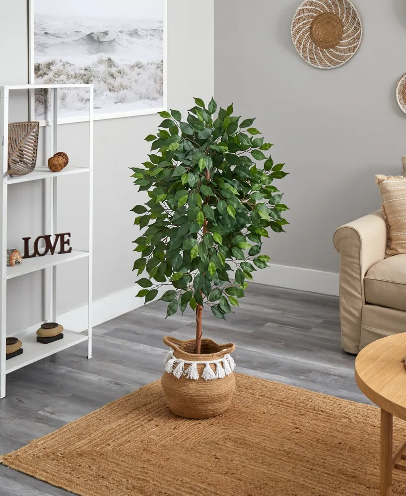 Nearly Natural 48" Artificial Ficus Tree with Handmade Jute Cotton Basket with Tassels