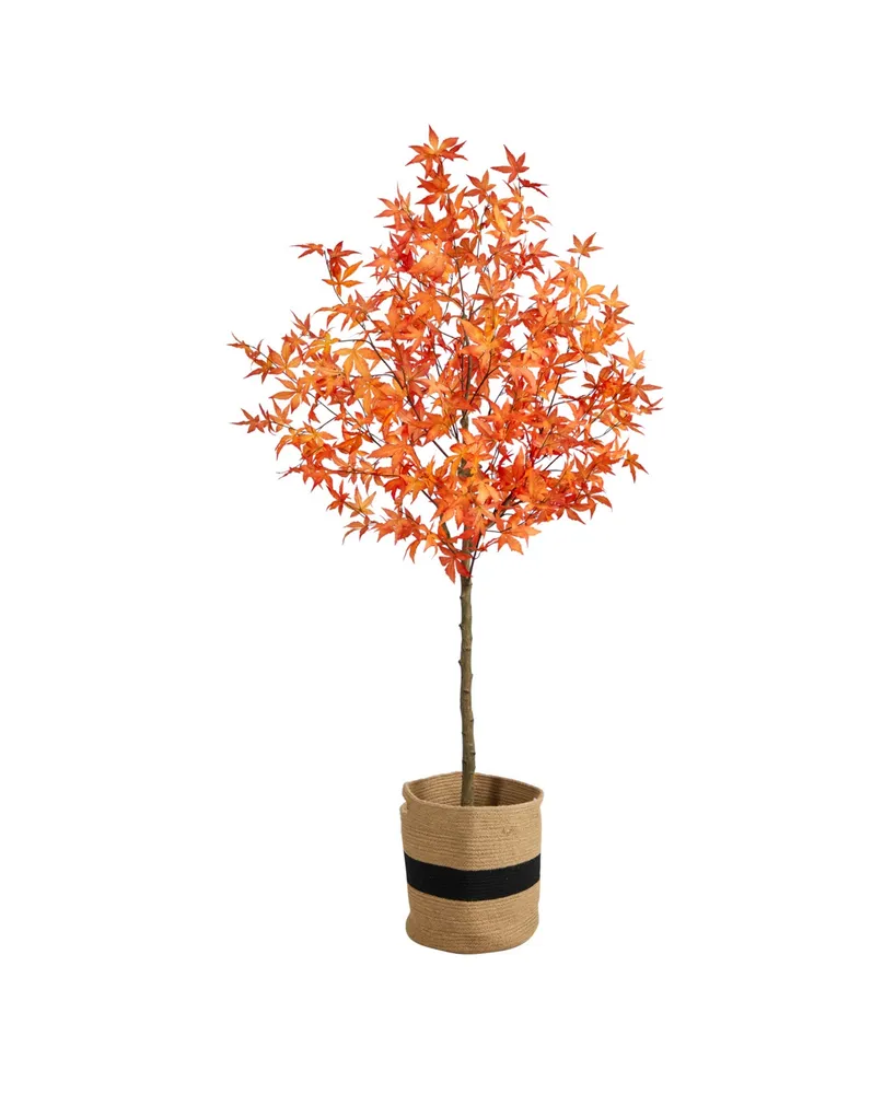 Nearly Natural 72" Artificial Autumn Maple Tree with Handmade Jute Cotton Basket