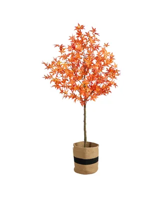 Nearly Natural 72" Artificial Autumn Maple Tree with Handmade Jute Cotton Basket