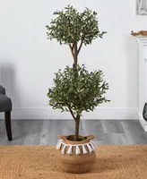 Nearly Natural 54" Artificial Olive Double Topiary 60" Artificial Bougainvillea Tree with Handmade Jute Cotton Basket with Tassels