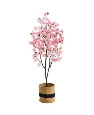 Nearly Natural 72" Artificial Cherry Blossom Tree with Handmade Jute Cotton Basket