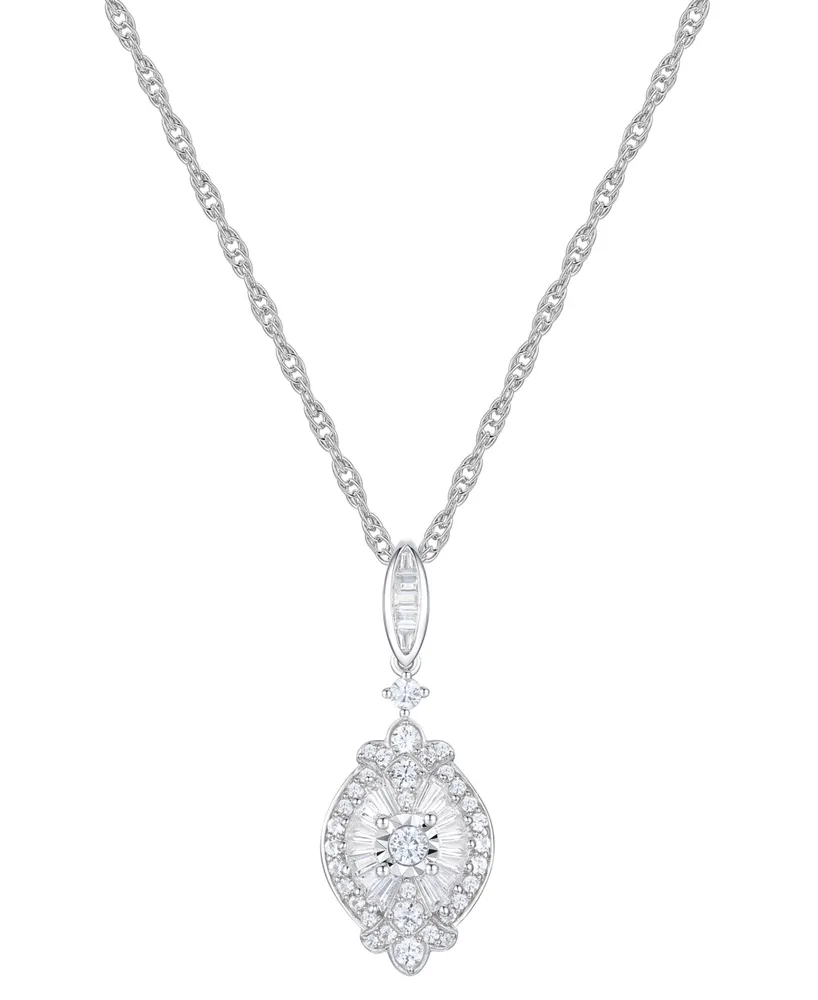 Diamond Round & Baguette Halo Cluster 18" Pendant Necklace (1/2 ct. t.w.) in Sterling Silver