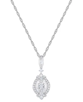 Diamond Round & Baguette Halo Cluster 18" Pendant Necklace (1/2 ct. t.w.) in Sterling Silver