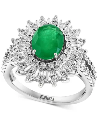 Effy Emerald (1-1/2 ct. t.w.) & Diamond (1/4 ct. t.w.) Baguette Halo Ring in 14k White Gold