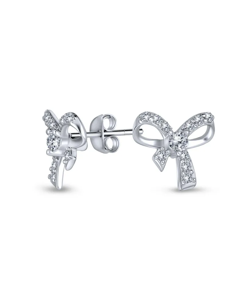 Bling Jewelry Delicate Dainty Ribbon Birthday Present Pave Cz Small Bow Stud Earrings For Women Sterling Silver