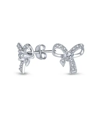 Bling Jewelry Delicate Dainty Ribbon Birthday Present Pave Cz Small Bow Stud Earrings For Women Teens .925 Sterling Silver