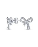 Bling Jewelry Delicate Dainty Ribbon Birthday Present Pave Cz Small Bow Stud Earrings For Women Sterling Silver