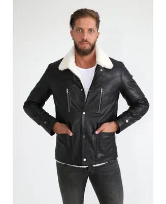 Furniq Uk Men's Genuine Leather Coat with Shearling Lining, Black Nappa and White Curly Wool
