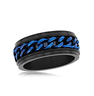 Metallo Stainless Steel Blue Cuban Link Ring - Black Plated
