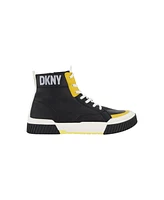 Dkny Men's Side Zip Hi Top Two Tone Branded Sole Logo Sneakers