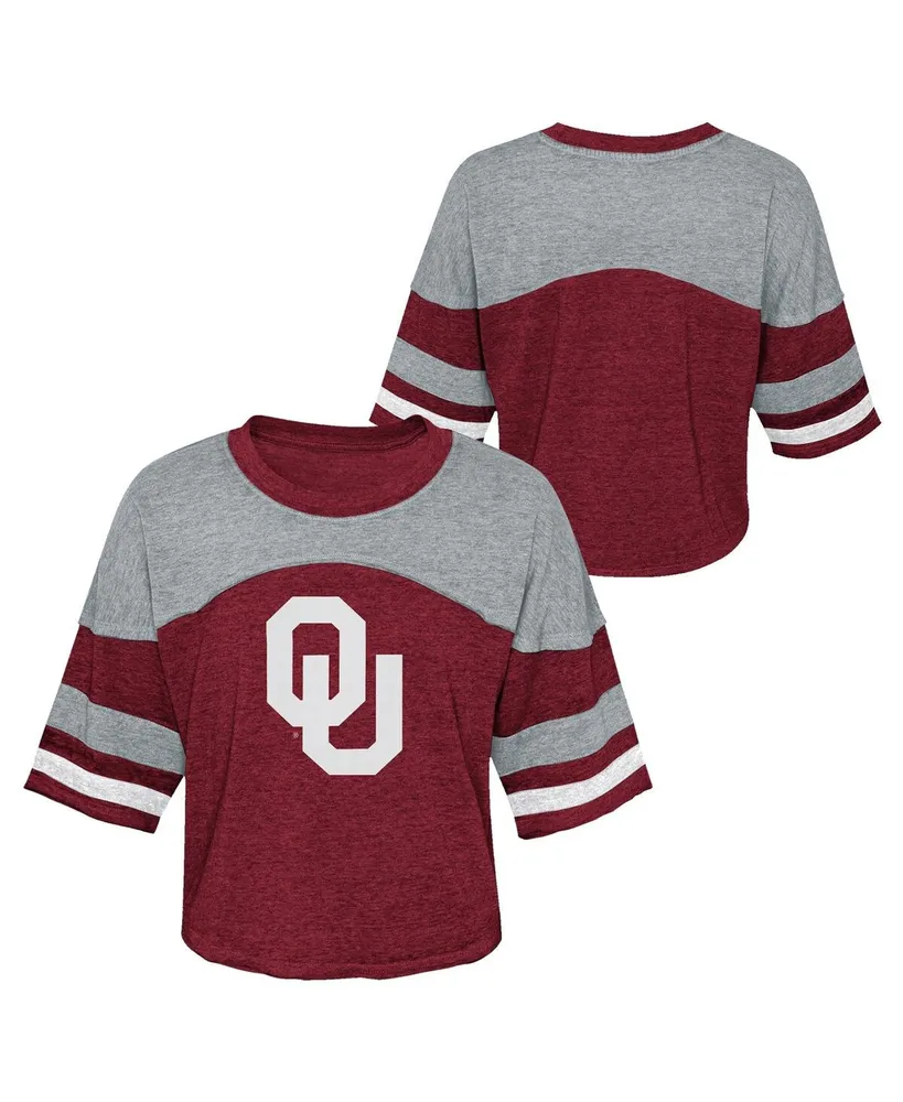 Big Girls Crimson Distressed Oklahoma Sooners Sunday Friday Sleeve Stripe Jersey T-shirt