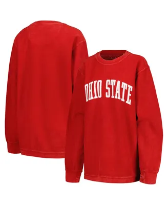 Women's Pressbox Scarlet Distressed Ohio State Buckeyes Comfy Corded Vintage-Like Wash Basic Arch Pullover Sweatshirt