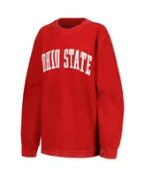 Women's Pressbox Scarlet Distressed Ohio State Buckeyes Comfy Corded Vintage-Like Wash Basic Arch Pullover Sweatshirt