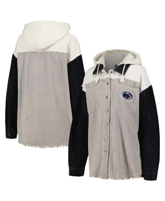 Women's Gameday Couture Gray Distressed Penn State Nittany Lions Vintage-Like Wash Corduroy Full-Snap Hooded Shacket
