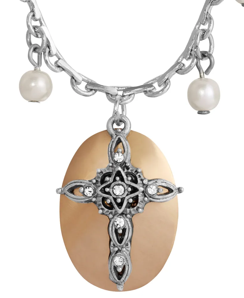 2028 Imitation Pearl Crystal Cross Pendant Necklace