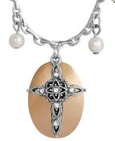 2028 Imitation Pearl Crystal Cross Pendant Necklace