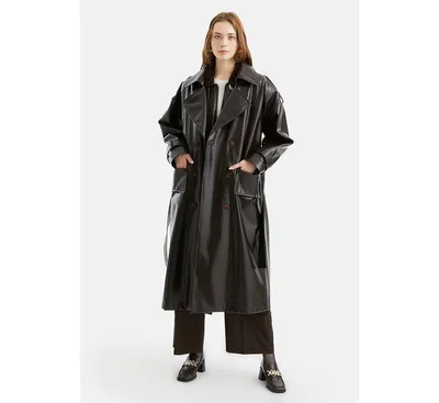 Women's Belted Pleather Trench Coat