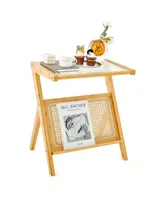 Costway Rattan Side Table Bamboo Accent Bedside Table with Tempered Glass Top