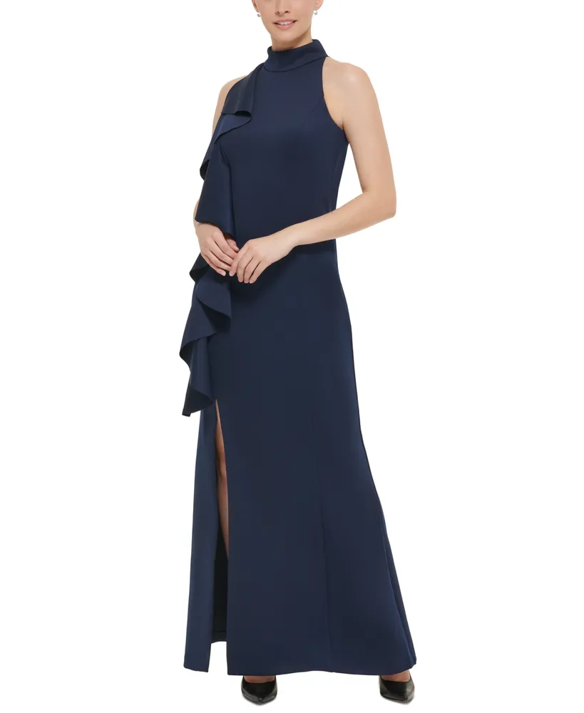 Jessica Howard Petite Ruffled Side-Slit Halter Gown